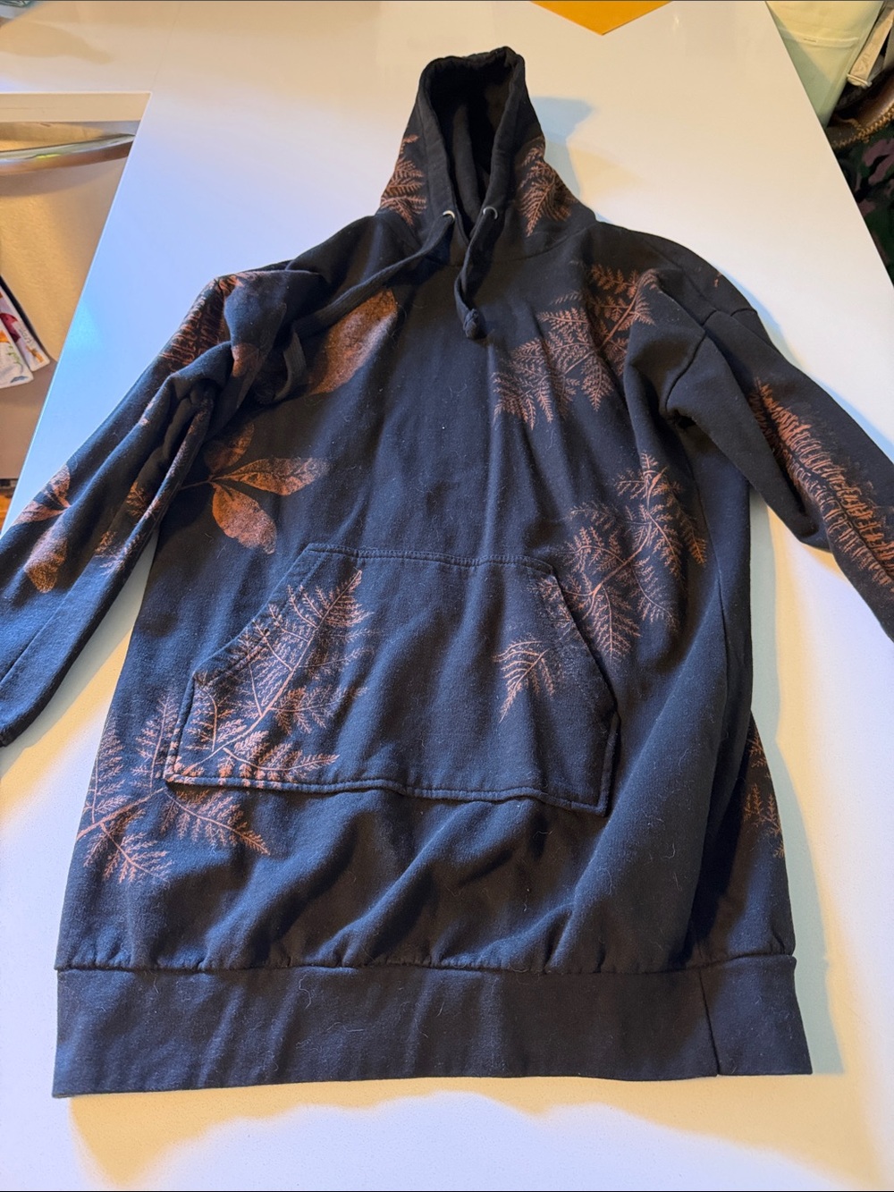 Black Hoodie with Rust Leaf Print - Handmade Pullover Sweatshirt